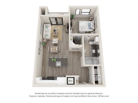 Floor plan for 1 bed, 1 bath, 737 sqft